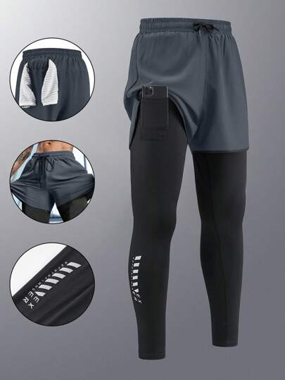 Men's Sports Pants 2-In-1 With Lining, Elastic Quick-Dry Running, Fitness, Basketball Trousers