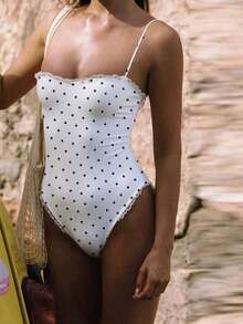 Women Monokini Bathing Suit Lace Trim Spaghetti Strap Sleeveless Swimsuits Summer Swimwear Bikini - 波點 - 查看 5