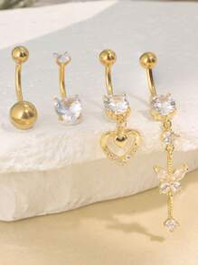 4 Soft Ceramic Full Diamond Navel Rings, Horizontal Bars, Simple Navel Rings, Stainless Steel Navel Buckles, Women's Abdominal Navel Nails, Human Puncture Accessories Suitable For Daily Life Wear