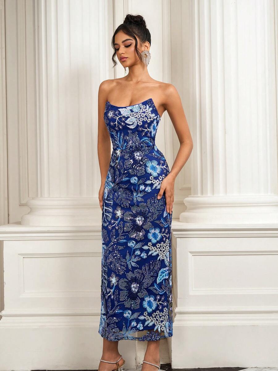 优雅女士刺绣亮片无袖正式礼服，适合派对、婚礼宴会、春假等场合