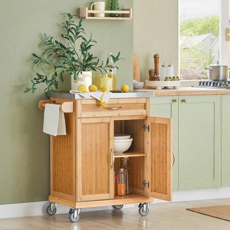 SoBuy Kitchen Cabinet Kitchen Storage Trolley Cart With Bamboo Worktop, 1 Large Cupboard And 1 Drawer, FKW13-WN - Brown - View 7