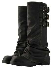 Knee High Boots For Women Y2K Fold Over Boots Round Toe Platform Chunky Heel Slouchy Boots For Women Punk Metallic Buckle Wide Calf Fold Over Boots - 黑色 - 查看 6