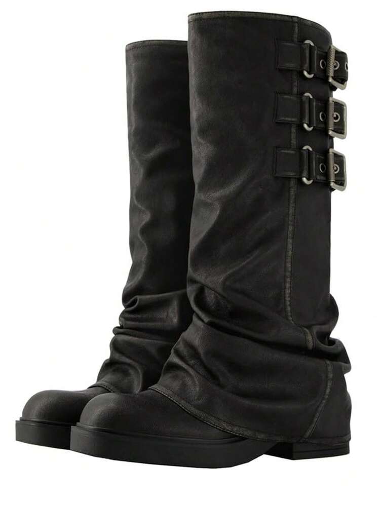 Knee High Boots For Women Y2K Fold Over Boots Round Toe Platform Chunky Heel Slouchy Boots For Women Punk Metallic Buckle Wide Calf Fold Over Boots - 黑色 - 查看 6