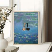 莫奈睡莲场景中的奇特橙色和黑色猫帆布艺术印刷品 - 鲜艳的蓝色和绿色，无框墙面装饰，适合客厅、卧室、厨房、办公室或咖啡厅 - 完美的情人节礼物，客厅艺术品 | 莫奈风格艺术 | 鲜艳的色彩艺术，猫咪装饰 - 彩色 - 查看 2