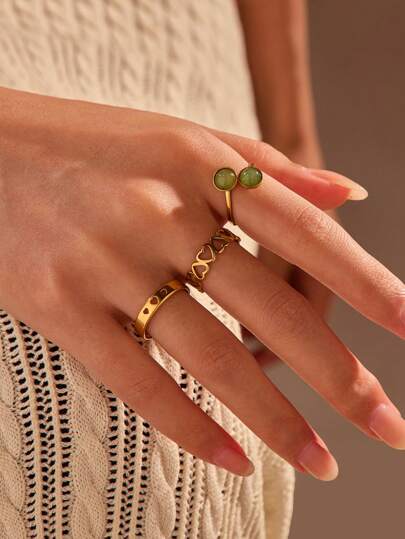 3pcs Stainless Steel Gold-Tone Double Circle Inlaid Natural Green Gemstone & Heart Shaped Ring Set, Suitable For Women's Daily Decoration Or Gift