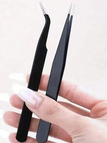 2 件套美甲不锈钢镊子，黑色弯头手帕，挑毛美甲，睫毛嫁接，直头镊子 - 黑色 - 查看 5