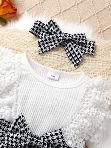 Set 3 buc. rochie de toamnă/iarnă, casual, elegantă, dulce și drăguță, pentru bebeluși, fetiță, moale și respirabilă, cu fundă, garnitură din dantelă, model Houndstooth, tiv cu volane - Multicolor - Vizualizare 4