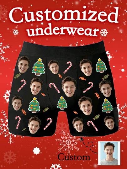 1 PC Custom Boxer Underwear For Men With Black Print Pattern Customized Comfortable Breathable Boxer Underwear Is A Great Gift For Husband To Give Boyfriend On Valentine's Day Christmas