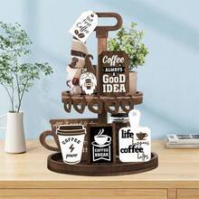 Rustic Home Tiered Tray Decorations Set Coffee Time Wood Signs For Bar Farmhouse Kitchen Table Shelf - màu nâu - Xem 3