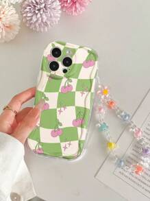 Cream Textured Wavy Edge Glossy Plaid Cherry Painting Anti-Drop Phone Case With Handmade Beaded Bracelet Accessory, Compatible With IPhone 16/11/16pro/16plus/16promax/16e/15Promax/13/14/12/XS/XR/7G/8P, Compatible With Samsung Galaxy S25/S25PLUS/S25 Ultra/A16/A36/A26/A56 Waterproof Shockproof Scratch Resistant - Multicolor - View 5