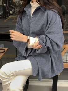 1 chiếc áo khoác sơ mi vải nhung kẻ dáng suông cổ điển, màu trơn dễ phối đồ, phù hợp mặc hàng ngày và đi làm, thích hợp cho mùa thu/đông/xuân. - Xám - Xem 5