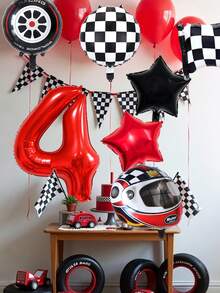 7 件/套赛车摩托车主题生日派对装饰气球，32 英寸红色 0-9 数字生日装饰气球，摩托车/赛车旗/轮胎/黑白形状铝箔气球，适用于生日派对装饰 - 彩色 - 查看 5