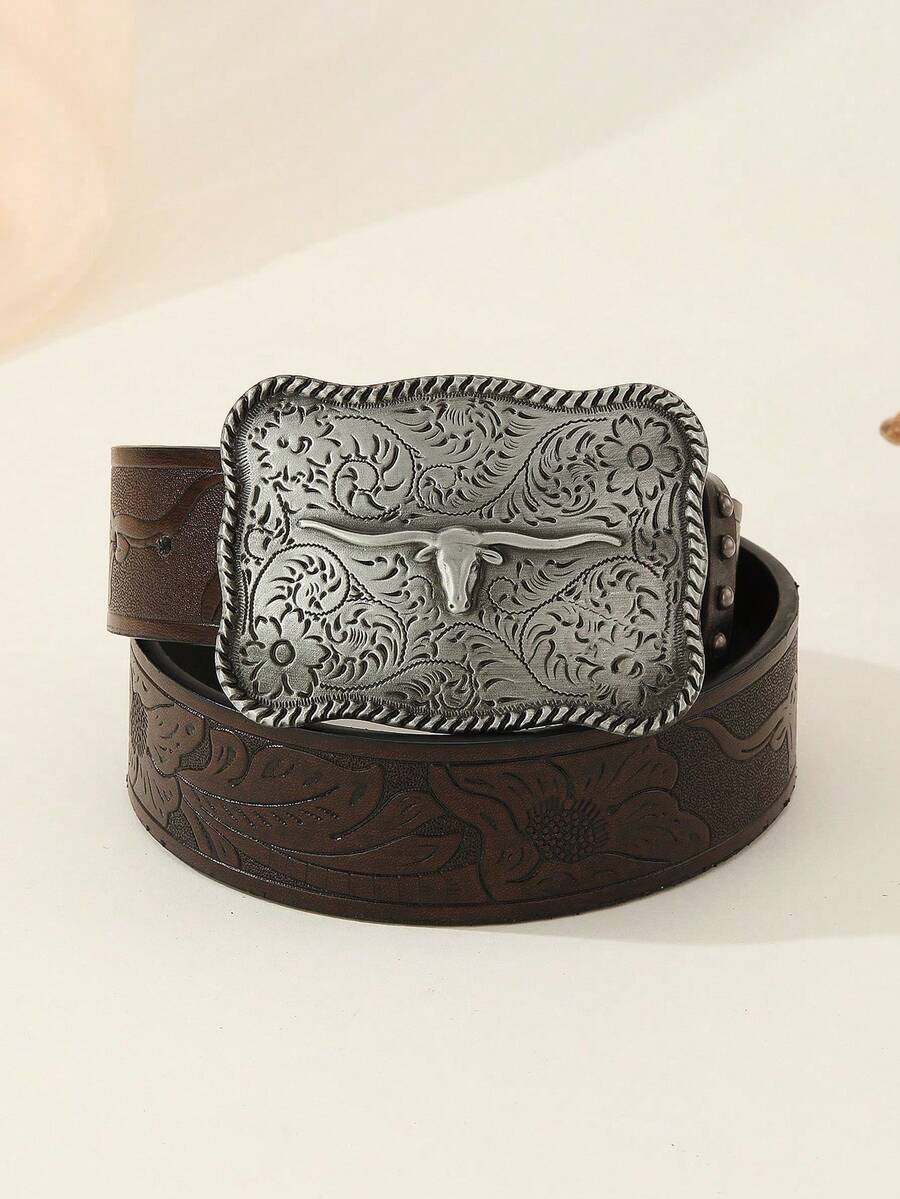 1 Wide Belt For Women Cross 3.8cm Wide Retro Style Animal Cow Head Oval Western Buckle For Women Black Waistband For Women - Nhiều màu - Xem 1