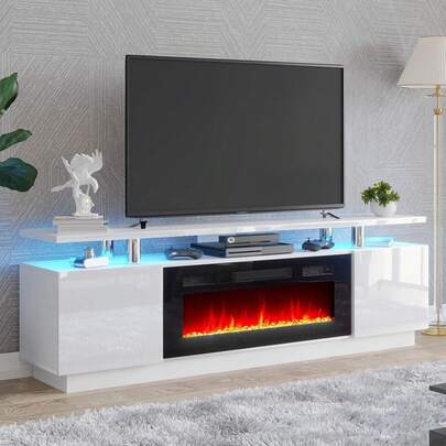Merluxy Modern High Gloss Fireplace TV Stand With 36"/40" Electric Fireplace – 70"/80" LED Entertainment Center, 2-Tier Cabinet For TVs Up To 80"/90"