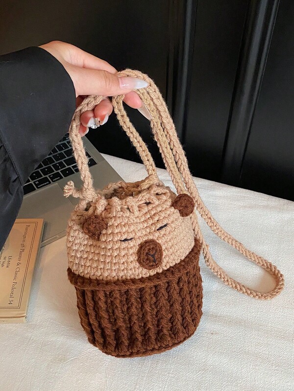 1 pezzo Borsa a secchiello mini versatile, realizzata a mano a maglia con motivi carini e cartoni animati, borsa a tracolla per donna, adatta per lo shopping e le uscite