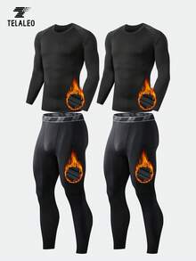 TELALEO 男士冬季保暖抓绒运动套装（4件套），保暖内衣套装，高弹力，紧身压缩健身服，贴身打底衫 - 黑色 - 查看 1