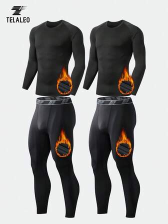 TELALEO 4 件装男士冬季保暖抓绒运动套装，运动保暖内衣套装，高弹力，紧身压缩健身服，贴身保暖打底衫