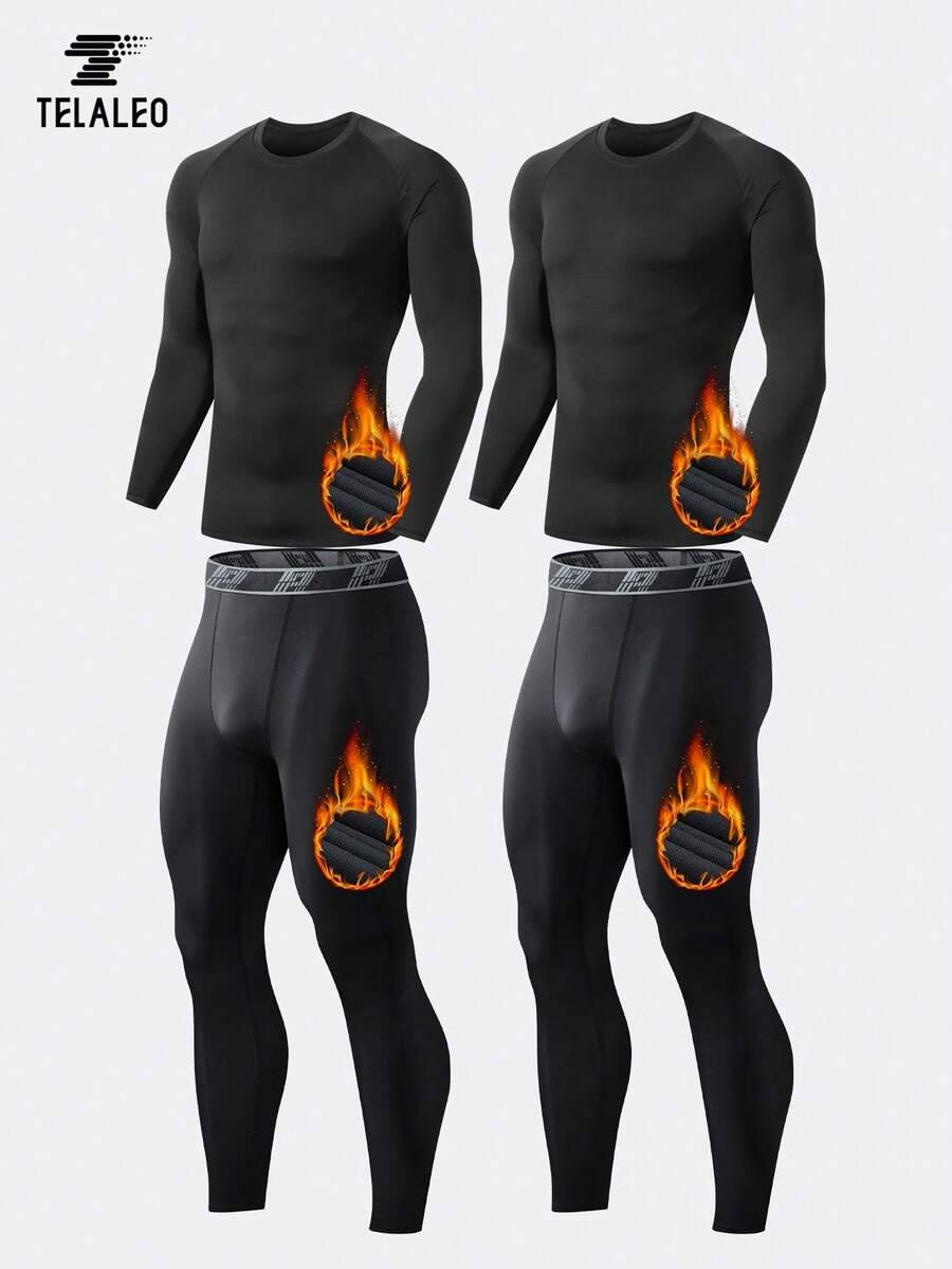 TELALEO 男士冬季保暖抓绒运动套装（4件套），保暖内衣套装，高弹力，紧身压缩健身服，贴身打底衫 - 黑色 - 查看 1