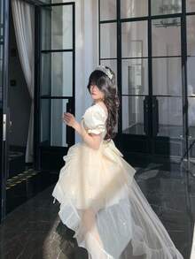 2025 New Arrival Half Love Word Big Ribbon Princess Dress Jacquard Fluffy Fine Glitter Trailing Dress Birthday Dress - Apricot Skirt - View 11