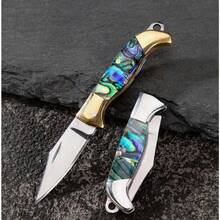 Mini Shell Folding Knife - Iridescent Mother-Of-Pearl Blade, Portable Keychain,Design,Ambidextrous Outdoor Survival, Ambidextrous,  Mini Utility Knife, Camping Essentials, Abalone Inlay Handle, Durable Blade. Men'S Knife Gift - 貝殼白銅頭迷你刀 - 查看 3