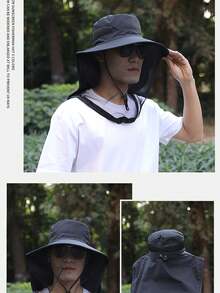 1pc Sun Hat With Anti-Mosquito Net Mesh Face Cover, Unisex Outdoor Fishing, Hiking, Sun Protection Wide Brim Breathable Net Mask Hat