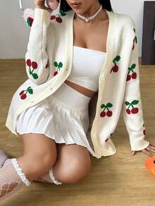 Cherry Pattern Mid-Length Cardigan, Elegant Fashion Casual Versatile Button-Up Sweater Jacket, Autumn/Winter