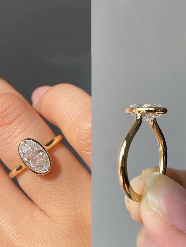 1 pièce Bague de navettage pour femme avec pierre centrale ovale en zirconium cubique à la mode