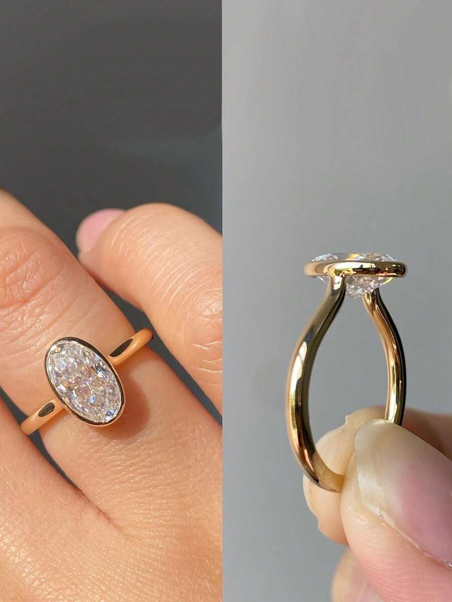 1pc Fashionable Cubic Zirconia Oval Center Stone Women's Commuter Ring - Personalized Rings - View 1