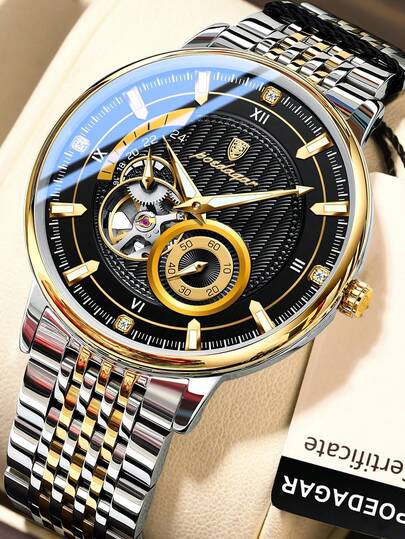 POEDAGAR 1pc Business Men's Stainless Steel Automatic Skeleton Tourbillon Mechanical Wrist Watches, Casual Man Wristwatch With Waterproof Luminous Function, Fashionl Male Watch Suitable For Daily Occasion, Gifts For Men