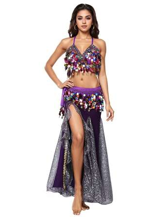 中东风格肚皮舞三件套 - 亮片和彩色宝石装饰连衣裙，配有腰链，适合舞台表演和节日庆典