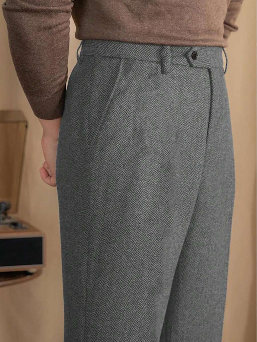Mens Pants Wool Tweed Herringbone Vintage Dress Pant Trousers Regular Fit Suit Pants For Men - 灰色 - 查看 1