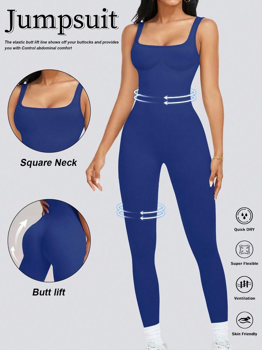 Women's Ribbed Jumpsuit Full Body Shapewear Sleeveless Jumpsuit Summer Solid Color Skinny Jumpsuit - Hải quân - Xem 1