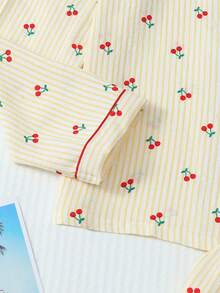 2pcs Women Comfortable Yellow & White Striped Cherry Print Pajama Set, Long Sleeve Button Collar Top And Pants, Casual Sleepwear For Home Use, Autumn/Winter, Fall Clothes