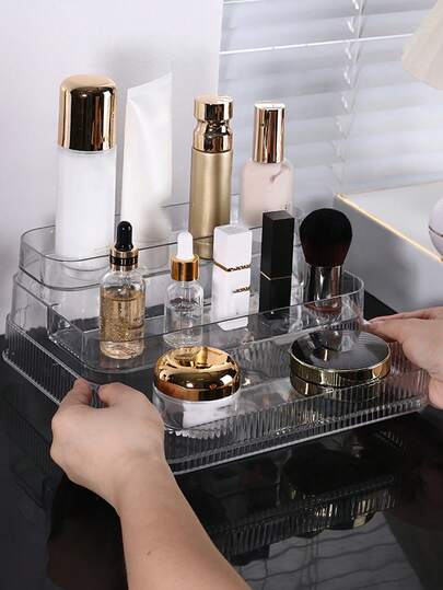 Suporte Elevado Acrílico de 3 Camadas Escalonadas - 1/3 Peças Caixa de Armazenamento com Gavetas Empilháveis - Bandeja Portátil - Organizador de Maquiagem Transparente - Suporte para Exibição de Perfumes - Caixa para Óleos Essenciais - Suporte para Batom - Caixa de Exibição de Joias - Armazenamento e Organização de Beleza - Organizador de Penteadeira - Suporte para Temperos de Cozinha