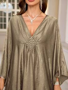 Elegant Women's Champagne Satin Kaftan Dress, Batwing Sleeve Casual Loungewear Spring - Rượu sâm banh - Xem 3