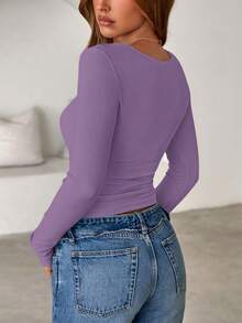 Women Spring And Fall Long Sleeve Shirts Ribbed Crewneck Fitted Basic Tee Going Out Tops Casual Workout Vacation Outfits - 紫色 - 查看 2