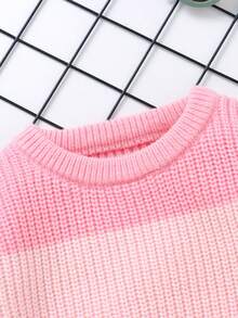 Contrast Color Round Neck Long Sleeve Casual Minimalist Pullover Sweater, Classic Fashion Baby Girl Tops - Pink - View 6
