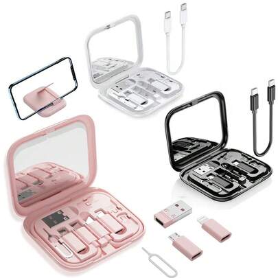 FCV Set de adaptador y cable de carga USB multifunción, incluye espejo, adaptador USB-C a Lightning, convertidor USB A y Tipo-C a Micro/Tipo-C/Lightning, transferencia de datos, ranura para tarjetas, expulsor de tarjeta, soporte para teléfono