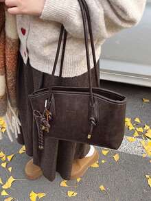 女士优雅纯色手提包，时尚大容量休闲单肩包，适合日常使用，多功能高品质通勤包 - 咖啡棕 - 查看 6