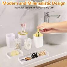 10 piezas Juego de accesorios de baño - Incluye soporte para cepillo de dientes, vaso para enjuague bucal, dispensador de jabón, bandeja, jabonera, dispensador de jabón, papelera de tipo prensa y soporte para cepillo de baño - Material de plástico duradero, perfecto para la decoración del baño moderno, construcción de plástico, juego de baño de hotel, regalo de inauguración de la casa