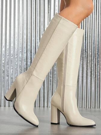 Women's New Fashion Boots, Autumn/Winter Side Zipper Chunky Heel Classic Over-The-Knee Boots, White Pointed Toe High Boots. Sexy Side Zipper Women's Over-The-Knee Boots