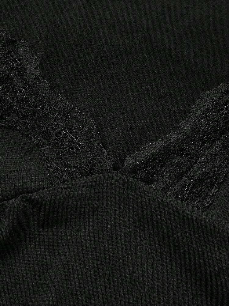 黑色蕾丝边 V 领修身吊带背心长袖上衣 - 黑色 - 查看 5