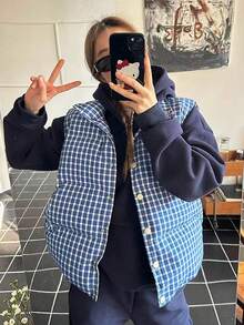 Women's Korean/Japanese Style Casual Blue Plaid Vest, Layered Outerwear, Sleeveless, Loose Cotton Jacket, Autumn/Winter