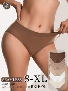 5Pcs Seamless Panties Mid Waist Maillard Color Women's Briefs Lifting Buttock High Elasticity Panty Comfortable & Breathable Woman Lingerie Ladies Flat Belly Sheath Underwear