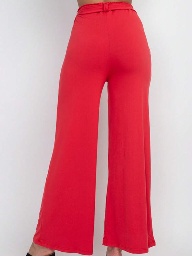 Pantalones anchos básicos informales de color liso con lazo para mujer, primavera, verano y otoño - Fiery Red - Añade 5