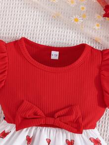 Đầm ngắn tay mùa hè cho bé gái, in hình bướm, thắt nơ dễ thương. - Đỏ - Xem 3