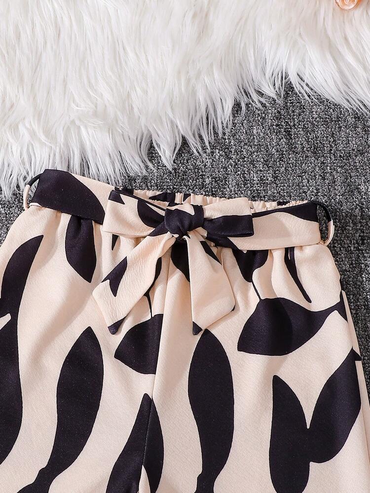 2件套女童休闲树叶印花阔腿裤套装 - 黑色 - 查看 7