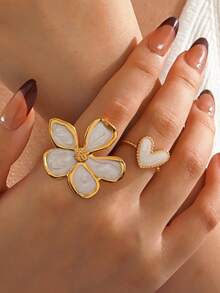 Bộ 2 nhẫn thời trang bằng thép không gỉ hình trái tim và hoa, phù hợp cho trang phục hàng ngày, du lịch, mua sắm, dự tiệc của phụ nữ - Nhiều màu - Xem 2