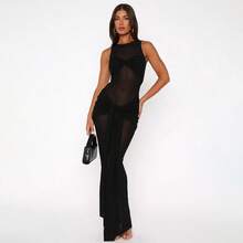 Nuevo vestido de verano sin mangas de malla con cuello redondo elegante, vestido ajustado con cintura anudada y cola de sirena para mujeres - Negro - Ver 5