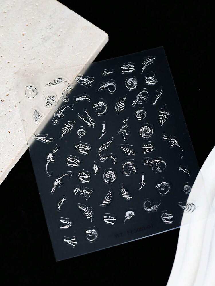 1片化石图案美甲贴纸，用于美甲，超闪亮5D箔片海洋鱼类恐龙化石设计美甲贴纸，银色贝壳植物化石侏罗纪植物自粘设计，万圣节美甲用品，适合女性美甲配件 - 銀色 - 查看 5